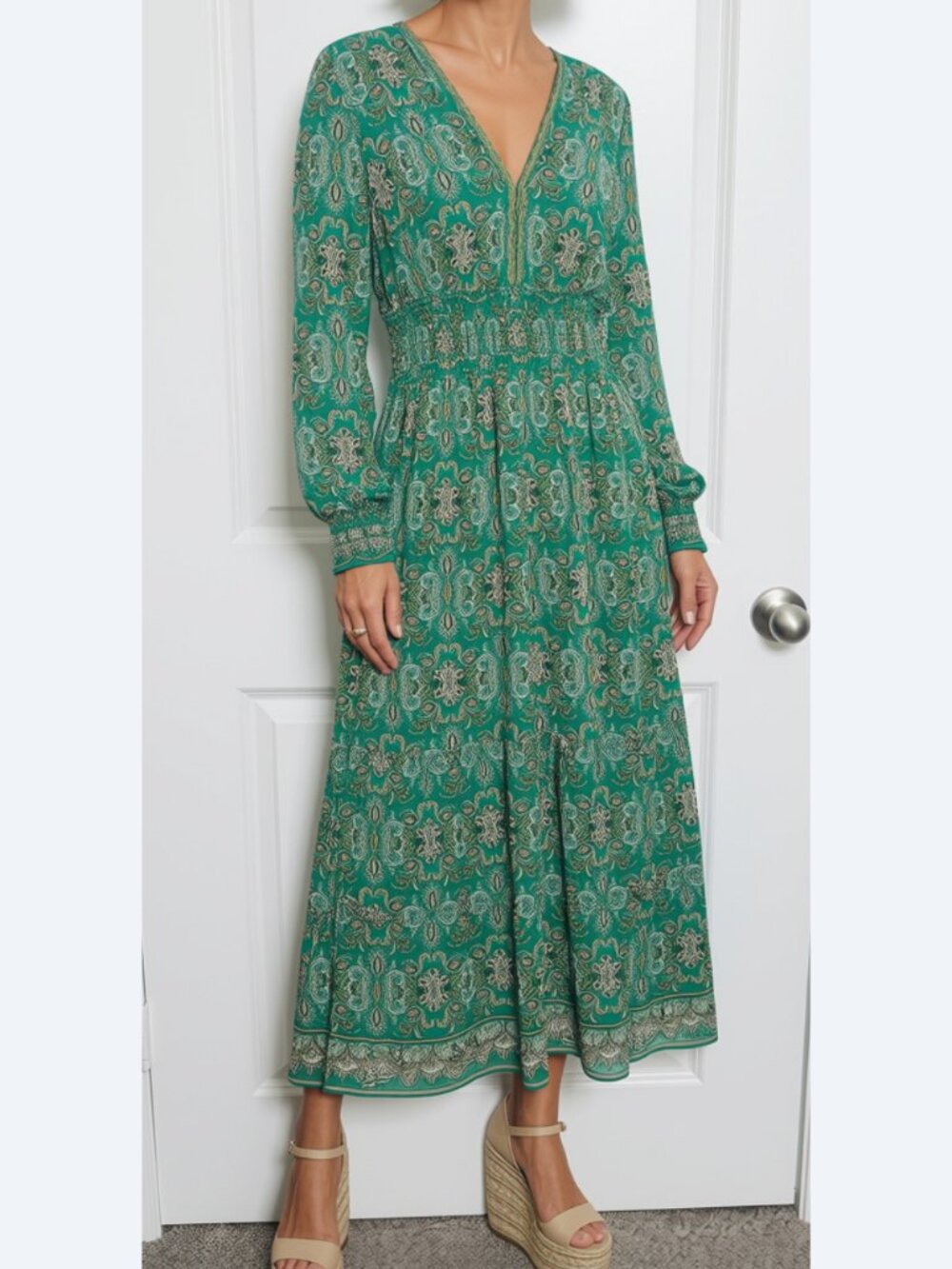 NWT Max Studio green paisley long-sleeve maxi dress Sz Medium